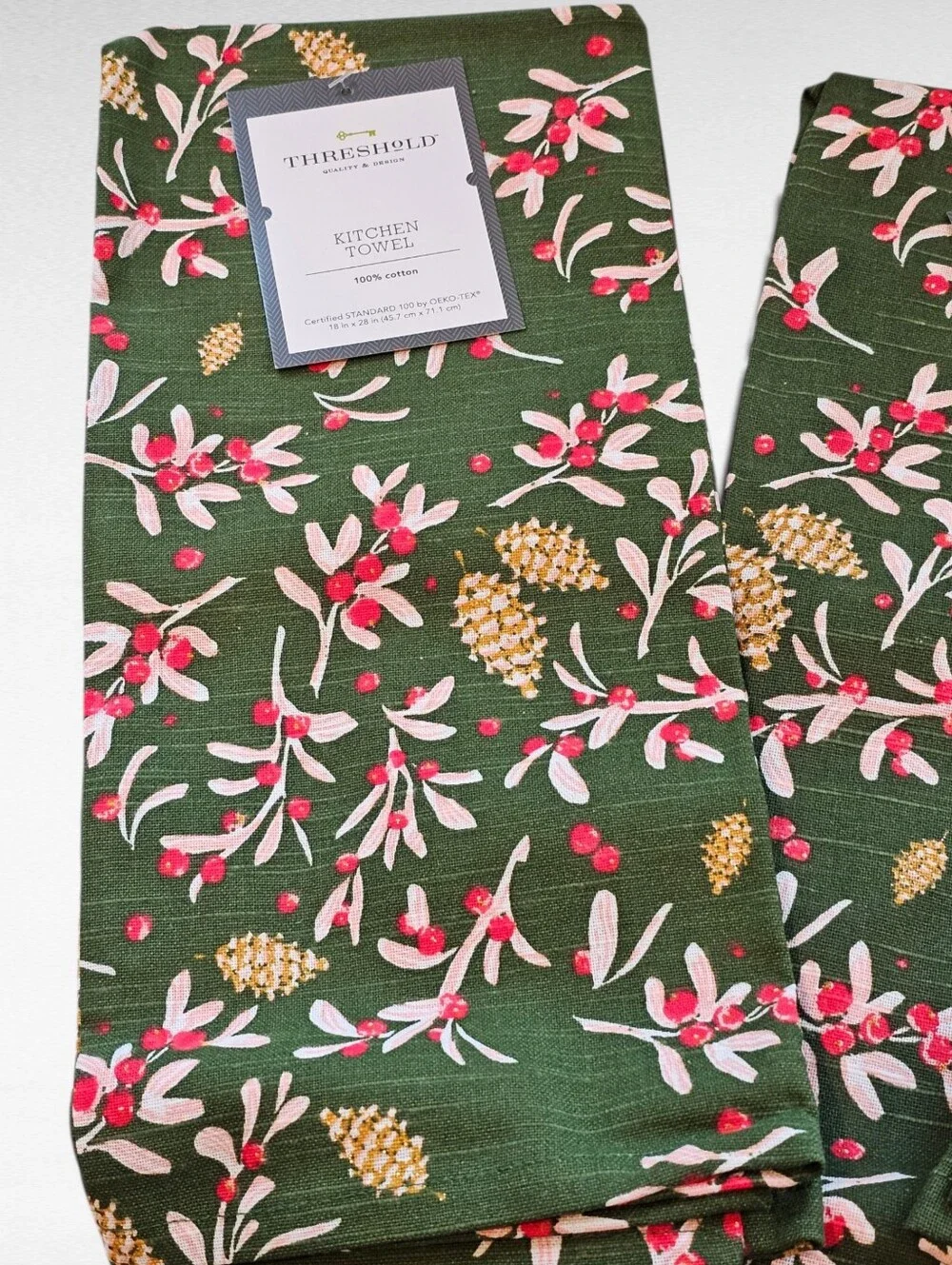 Threshold 3 Pack Cotton Kitchen Towel Green With Winter Berries